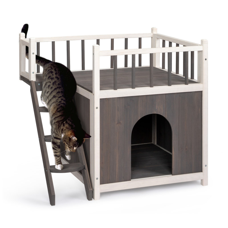 Archie Oscar 2 Story Wooden Feral Cat House Dog House For Outdoor And Indoor Pet House With Stairs Grey White Wayfair